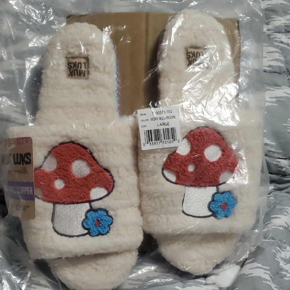 Muk Luks Women's Cream Slippers with Red and Blue Mushroom Design